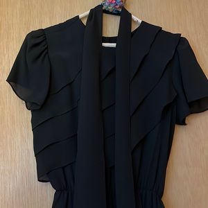 Vintage 80s 90s Black Ruffled Sheer Button Back Dress with Tie Belt